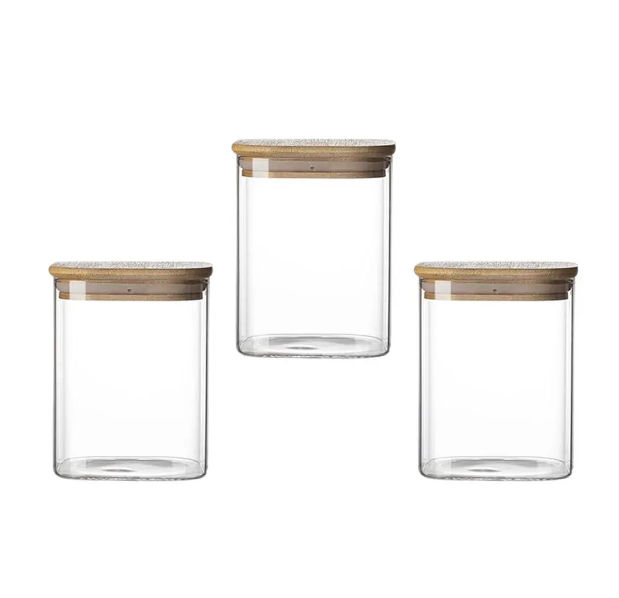 Capsicum Square Glass Storage Canister With Wood Lid (Set of 3) (Capacity - 270 ml each)