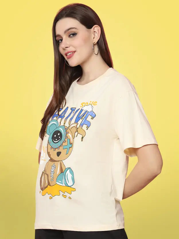 Fabflee Women Oversize Cotton Printed Round Neck Tshirt | Beige | FAB-OS-529 | XL