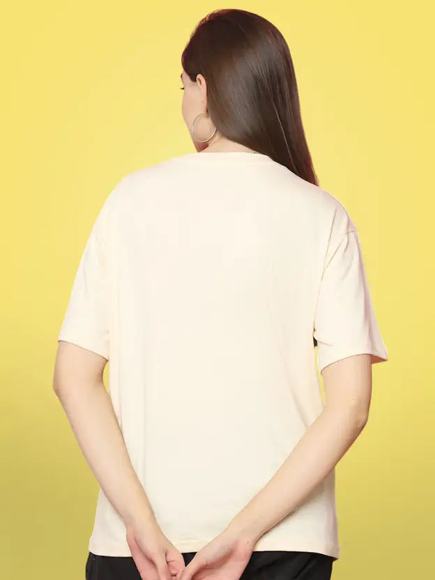 Fabflee Women Oversize Cotton Printed Round Neck Tshirt | Beige | FAB-OS-529 | XL