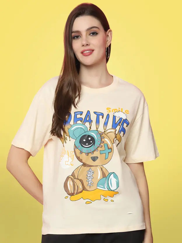 Fabflee Women Oversize Cotton Printed Round Neck Tshirt | Beige | FAB-OS-529 | XL
