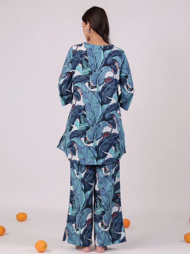 Sanskrutihomes Women Tropical Printed Cotton Blue Night Suit SE-NSP-629 | M
