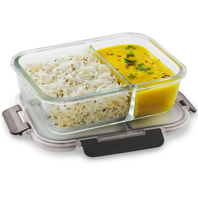 Magnus Glock 970 ml Divider Grey Container with Airtight Lid & Detachable Lock, Borosilicate Glass