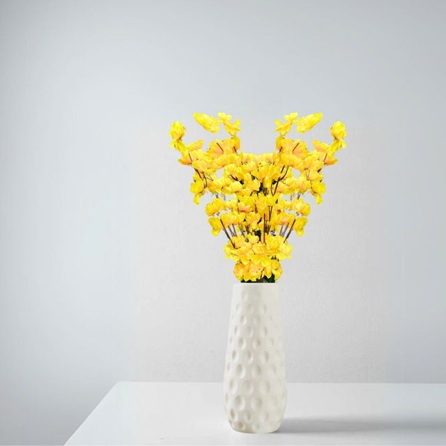 Go Hooked Artificial Red Blossom with Textured White Plastic Vase | Yellow Flowers with Vase