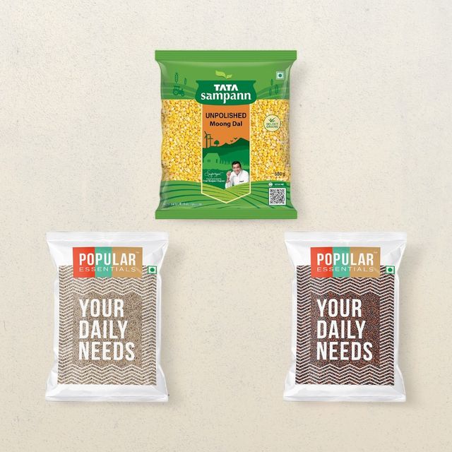 Popular Essentials Jeera/Cumin Seeds(100 gms), Popular Essentials Mustard Seeds Rai Small(100 gms) & Tata Sampann Unpolished Moong Dal(500 gms) Combo