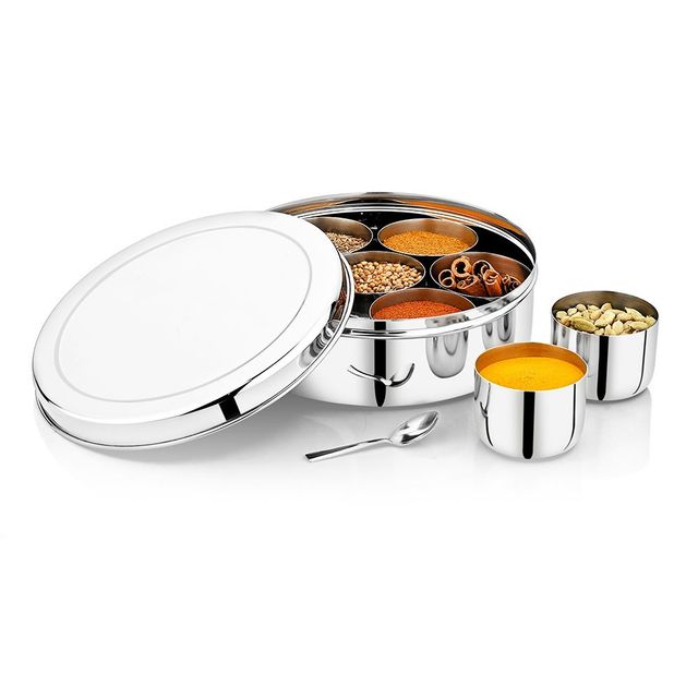 Steelera Stainless Steel Masala Dabba/ Organiser | 7 Containers And Small Spoon | Food Safe