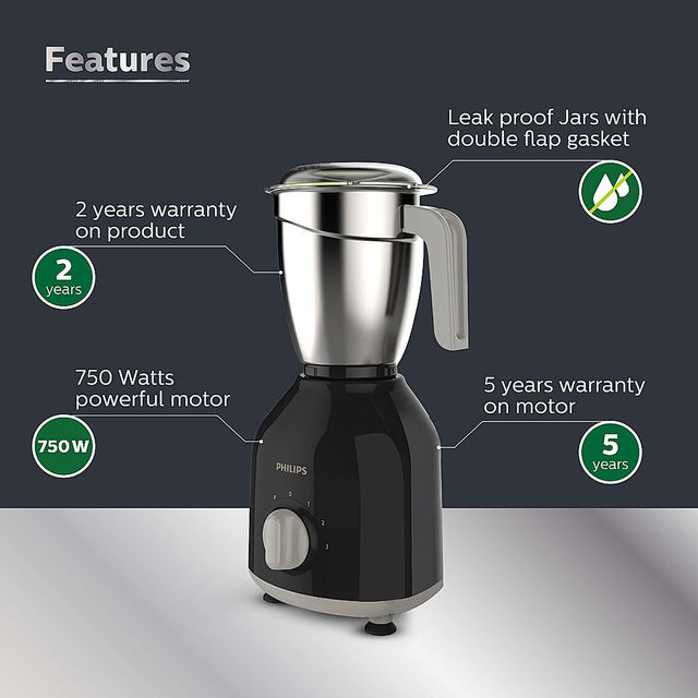 Philips Mixer Grinder | 750 W | 1.5 L | High - Grade Plastic Body | 3 SS Jar (Hl7756/01) - Black
