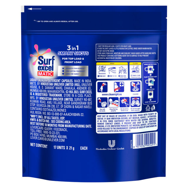 Surf Excel 3 in 1 Smart Shots | Pack of 17 for Front Load & Top Load Washing Machines|(17 U x 21 g)