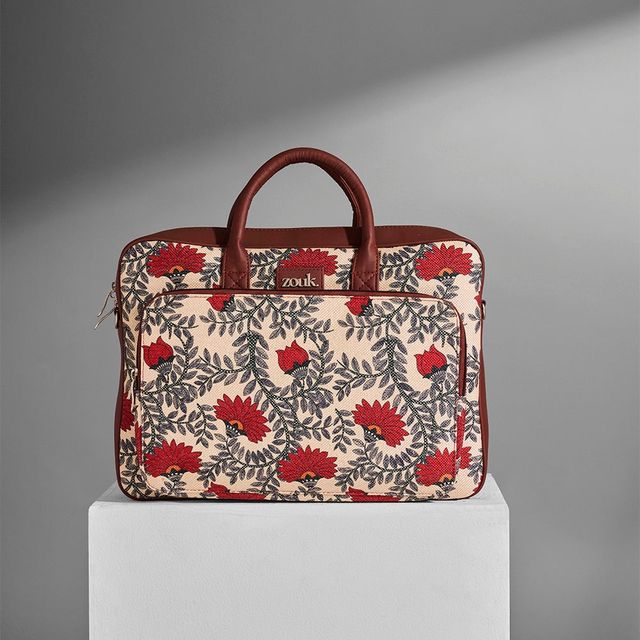 Zouk Unisex Floral Vegan Leather and Handcrafted Fabric 5.4 L Laptop Bag | Beige and Red -15.6 Inch