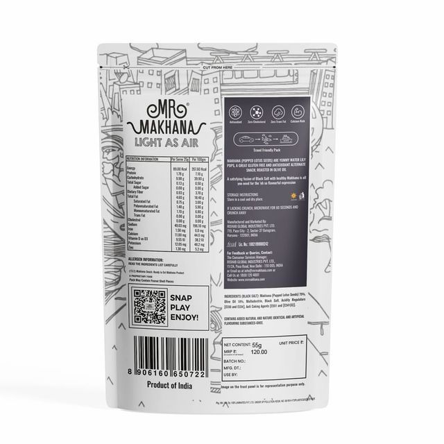MR. MAKHANA Fox Nuts Black Salt - Delicious Teatime Snack, Popped Lotus Seeds, Roasted In Olive Oil