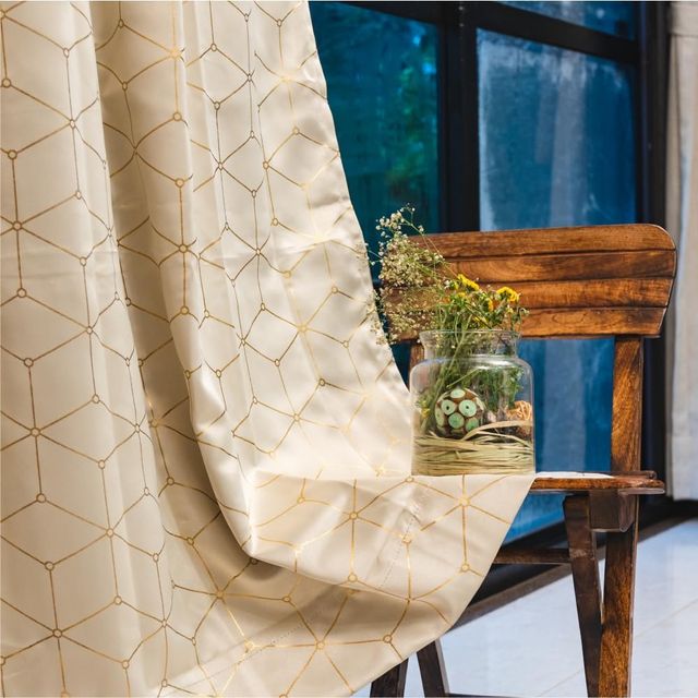 Urban Space Blackout Window Curtains for Living Room, Gold Foil Printed 1 Piece - Hexagon Beige