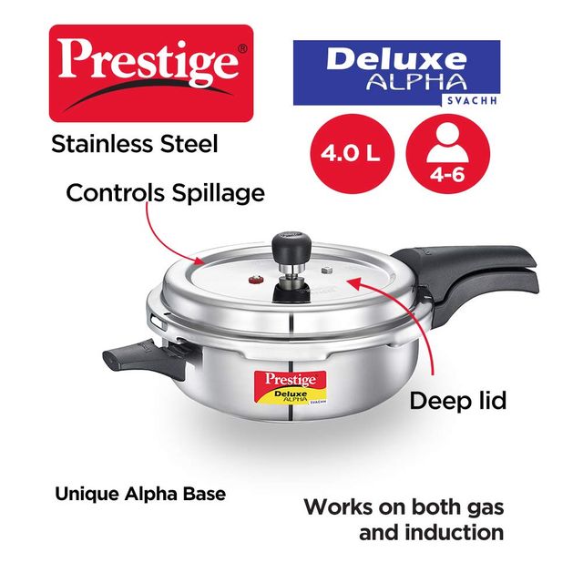 Prestige Deluxe Alpha Svachh Stainless Steel Senior Pan Pressure Cooker Control Deep Lid 4 L Silver