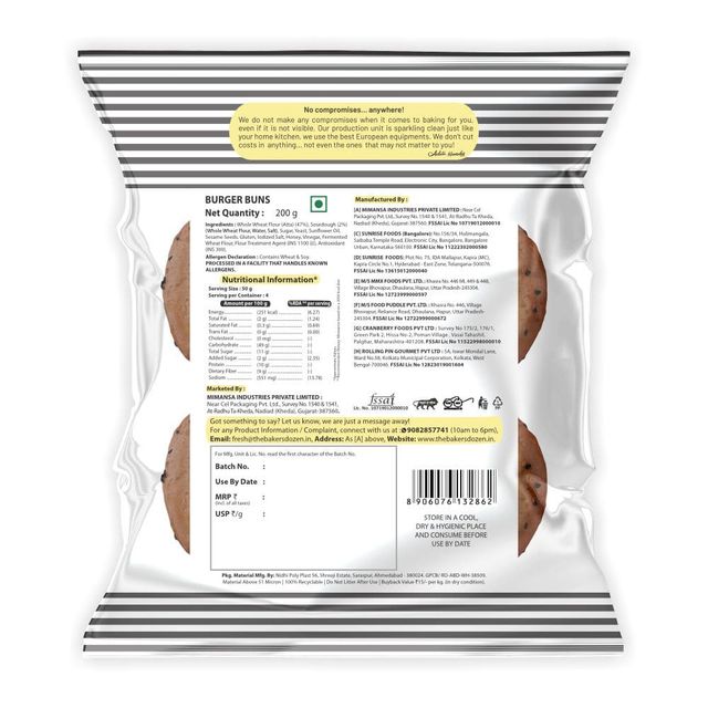 The Baker's Dozen Zero Maida Burger Buns No Palm Oil No Preservative 100% Wholehwheat 4 pc Combo