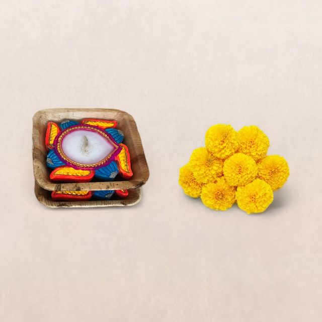 Swastik Diya(2pc) & Marigold Yellow(200gms) Combo