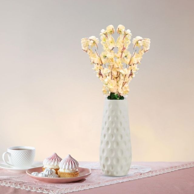 Go Hooked Artificial Red Blossom with Textured White Plastic Vase | Light Yellow Flowers with Vase