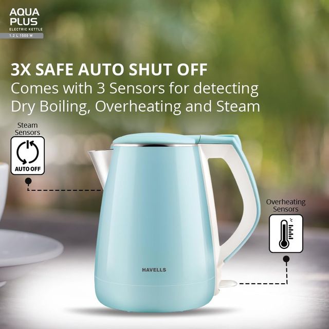 Havells Electric Kettle Aqua Plus 1250W 1.2L,2 Layer Cool Touch, Ss Inner Body,Auto Shut Off, Blue