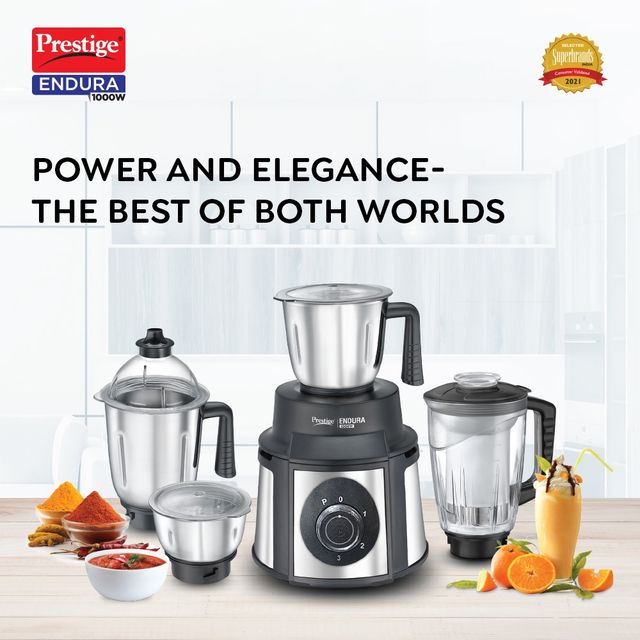 Prestige Endura Mixer Grinder | 1000W | 3 SS Jars + 1 Jucier Jar | SS Body - Black & Silver
