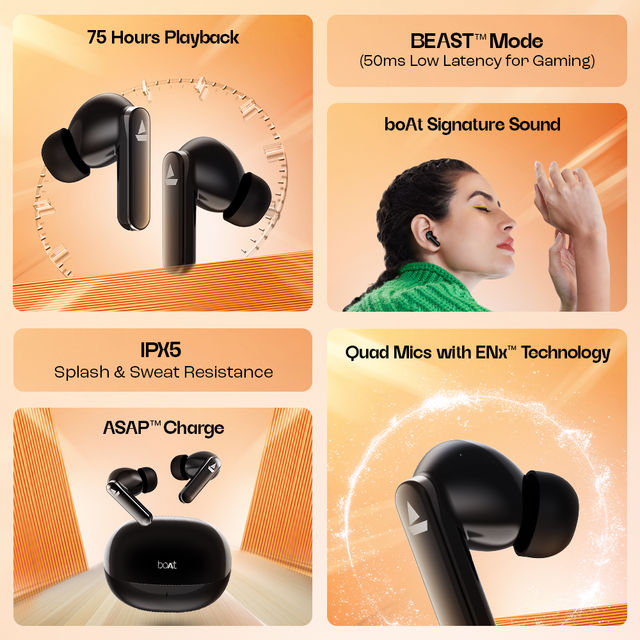 boAt Airdopes 301Tws Earbuds W 75H Playtime Quad Mics Tech Beast Mode For Gaming Midnight Shadow