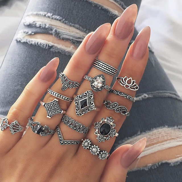 Jewels Galaxy Oxidised Silver Plated 15 Pcs Stackable Ring Set