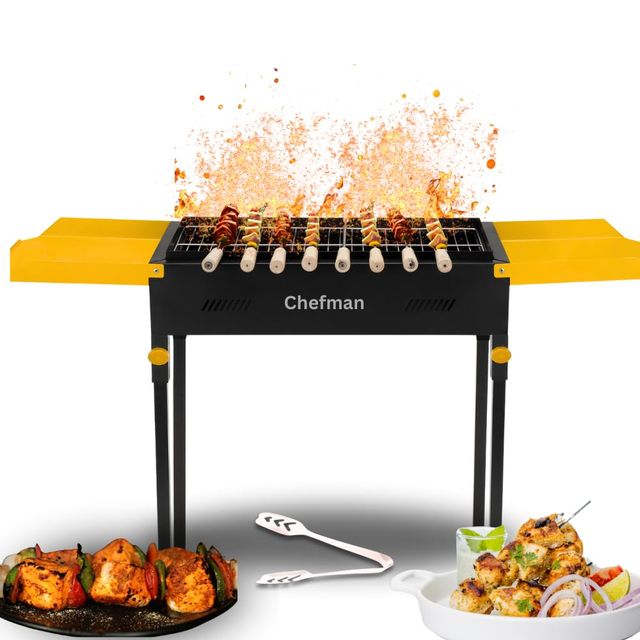 Chefman Flip Charcoal BBQ Grill | 8 Skewers | Adjustable Legs | Side Open | Black and Yellow