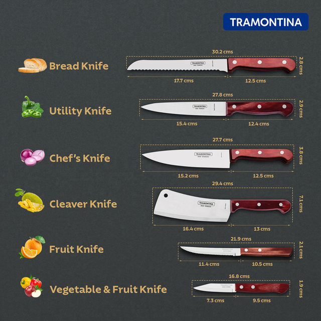 Tramontina Polywood Stainless Steel Chef Knife/,15.2cm/6 inch | Straight/Plain Edge Knife | Treated Brazilian Polywood Handle | Impact Resistant | Heat Resistant |Dishwasher Safe | 5 Year Warranty