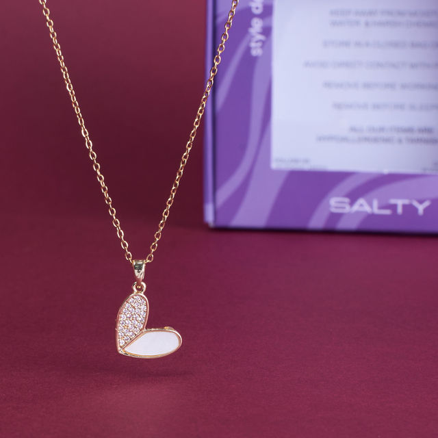Salty Haley Studded Heart Necklace Pendant for Women and Girls| Anti-Tarnish | Gold and white
