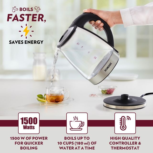 Borosil Electric Glass Kettle with Extra Long Cord| Dryboil Protection|1500 W|360� Rotating Base