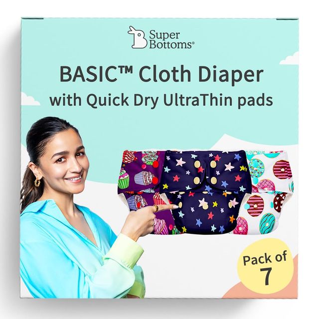 SuperBottoms Reusable Cloth Diaper Freesize Rash Free For Kids Shell 7 Pads Assorted 0-3 Yrs