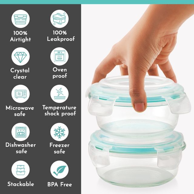 Magnus Vivid Solid Glass Lunch Box - 2 Round Borosilicate Fixed Clip Containers | 400 ml Each & Bag