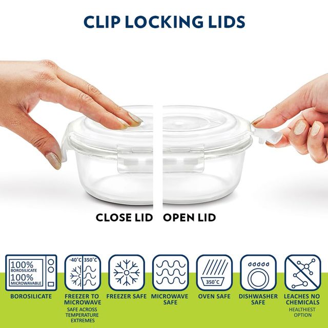 Borosil Klip n Store Lunchbox with Bag, Borosilicate Glass 2 pc Round Container Set (400 ml Each)