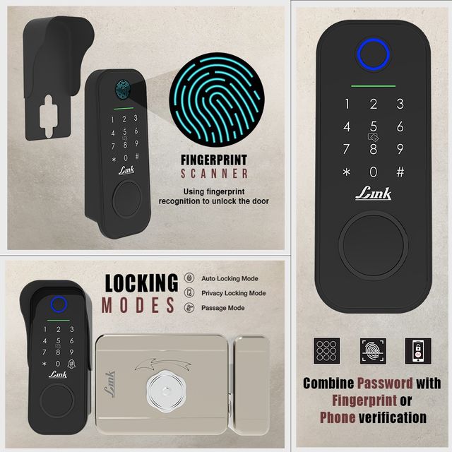 Link Smart Flexi Digital Biometric Rim Lock for Main Door | Mobile app with Wi-Fi | Black