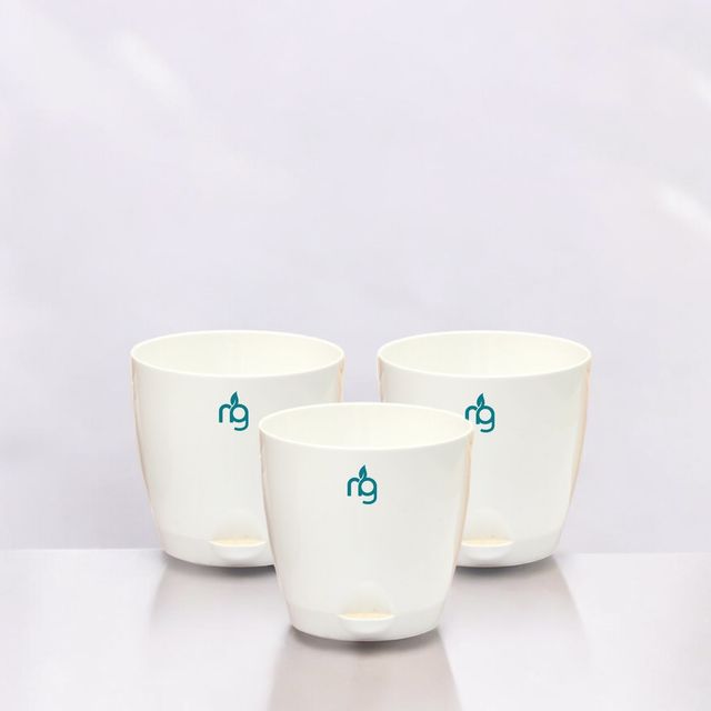 Nurturing Green - Self Watering Pots | Set of 3 | Ivory | 14cm x 12.5cm | Plant Pots with Tray