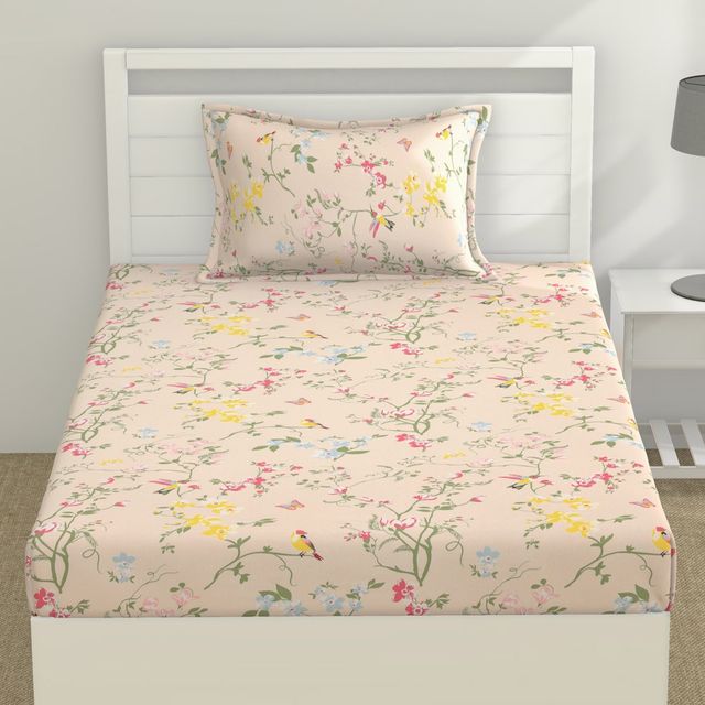 Haus & Kinder Peach Floral Single Bedsheet - 100% Cotton (145x225cm)