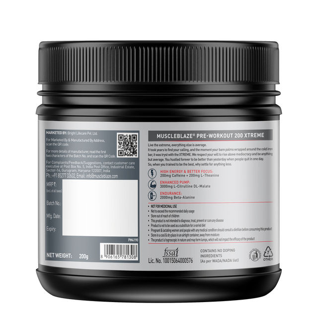 MuscleBlaze Pre Workout 200 Xtreme (Fruit Punch, 30 Servings)