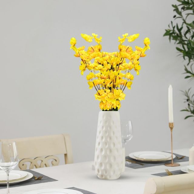 Go Hooked Artificial Red Blossom with Textured White Plastic Vase | Yellow Flowers with Vase