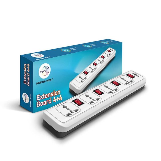 Wipro 4+4 Extension Board | 2 Meter Long Cord | Child Safety | Auto Cutoff