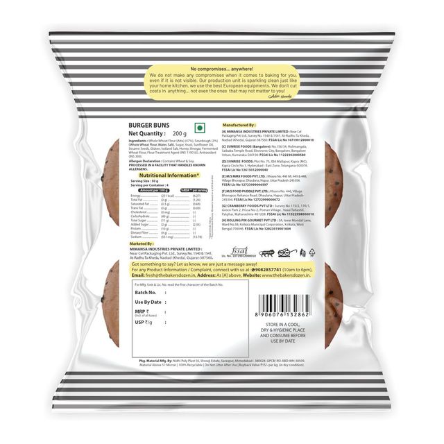 The Baker'S Dozen 100% Whole Wheat Bread - No Palm Oil No Preservative (450g) & The Baker'S Dozen Zero Maida Burger Buns No Palm Oil No Preservative 100% Wholehwheat (4pc) Combo