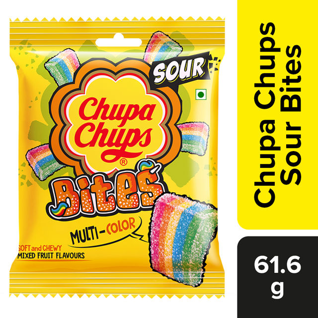 Chupa Chups Sour Bites Mixed Fruit Flavour Soft And Chewy Toffee 62 g Combo
