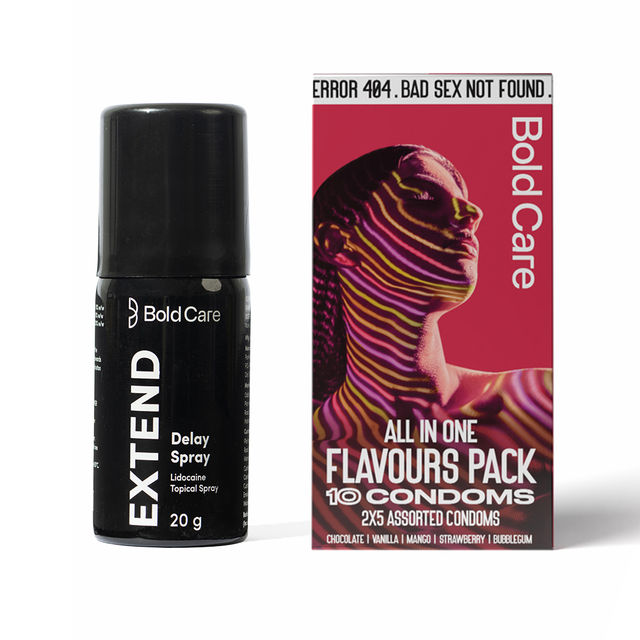 Bold Care Extend Delay Spray With Lidocaine 10% (20g) & Bold Care 404 By All-In-One Flavours Pack Condoms - Chocolate, Strawberry, Mango, Vanilla, & Bubblegum (10pc) Combo
