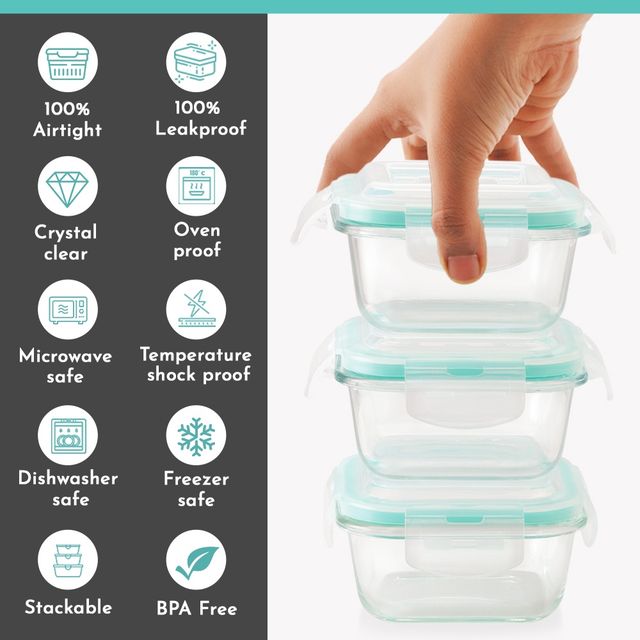 Magnus Vivid Solid Glass Lunch Box- Vertical Pouch- Fixed Clip-3 Square Glass Containers-320Ml Each