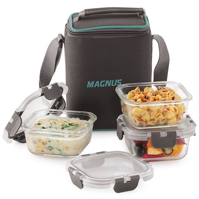 Magnus Glock Solid Lunch Box With Bag, 3pc Square Containers (320 ml Each), Borosilicate Glass Tiffin