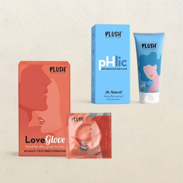 Plush Male Condom-Love Glove-Multi Textured|Designed For Women Pleasure(10pc) & Plush Phlic Lubricant - Natural(50gms) Combo