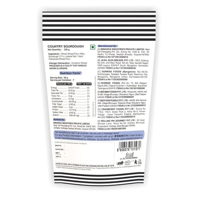 The Baker's Dozen Country Sourdough No Palm Oil No Preservative