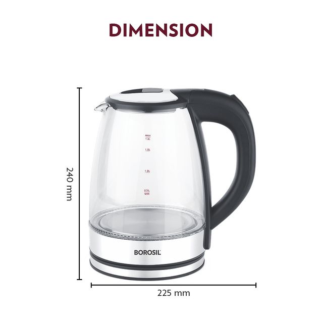 Borosil Electric Glass Kettle with Extra Long Cord| Dryboil Protection|1500 W|360� Rotating Base
