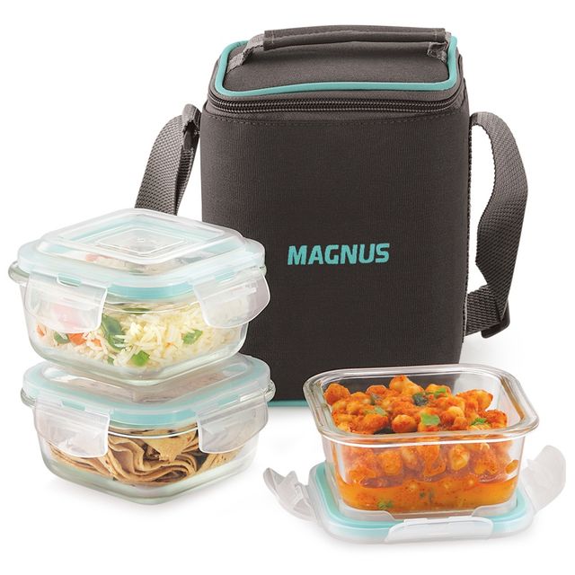 Magnus Vivid Solid Glass Lunch Box- Vertical Pouch- Fixed Clip-3 Square Glass Containers-320Ml Each