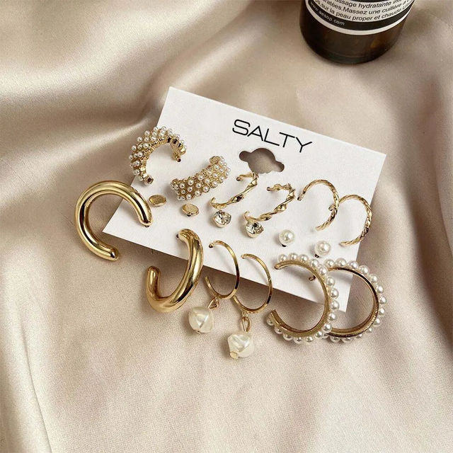 Salty Fashion Set of 9 Gold Chunky Real Freshwater Pearl Hoops and Studs for Women