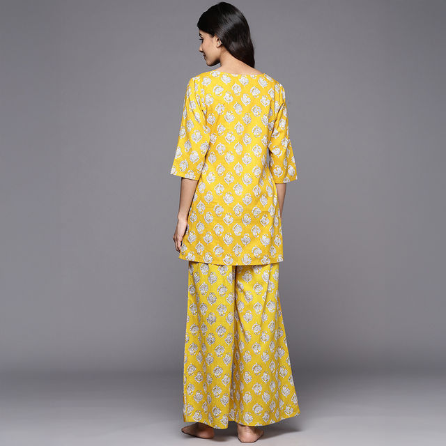 Libas Women Mustard Cotton Floral Kurti With Cotton Pyjamas - 50176S