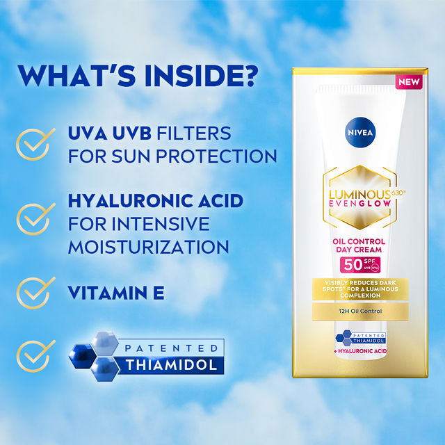 NIVEA Luminous Even Glow Oil Control Day Cream SPF 50,Thiamidol |UV protection & Reduces Dark Spots