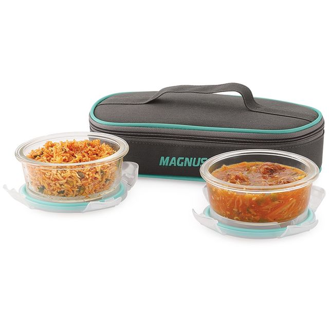Magnus Vivid Solid Glass Lunch Box - 2 Round Borosilicate Fixed Clip Containers | 400 ml Each & Bag