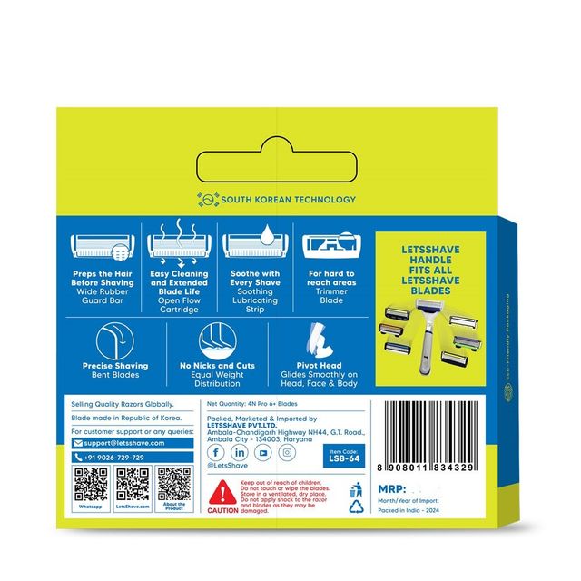 LetsShave Pro 6 Plus Cartridges with Back Blade | World's First 6 Blade Razor for Men | Pack of 4