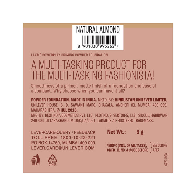 Lakme Powerplay Priming Powder Foundation, 3-in-1, Lasting Matte, Dry/Oily Skin, Natural Almond